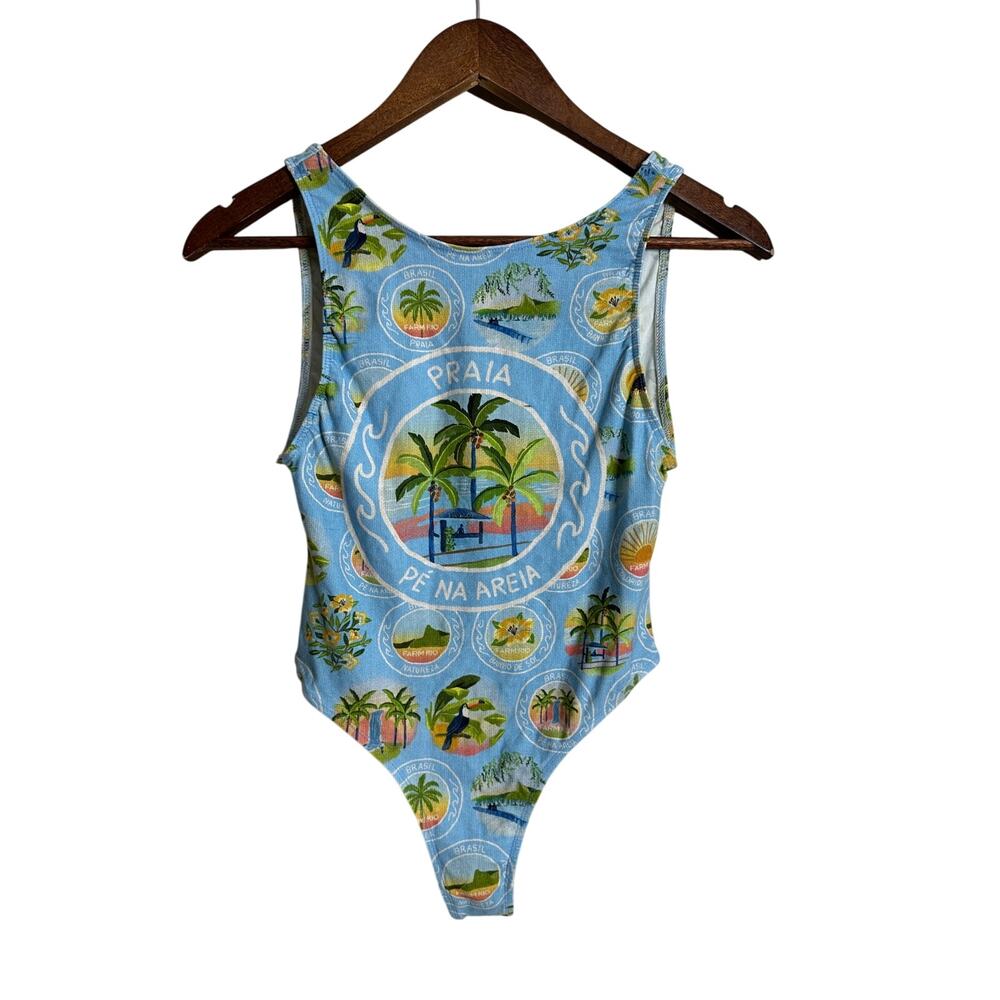 Farm Rio One Piece Swimsuit Praia Tropical Print Resort Blue Womans P/XS